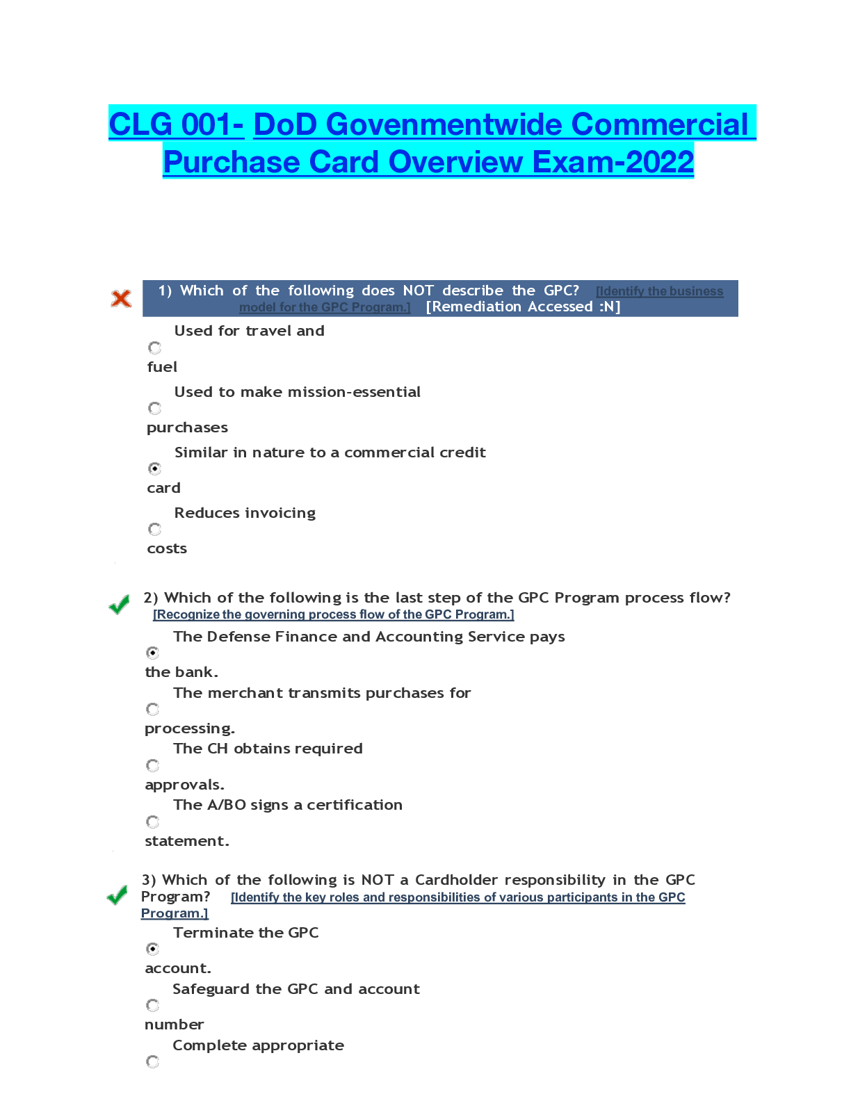 Preview of CLG 001- DoD Govenmentwide Commercial Purchase Card Overview Exam-2022
